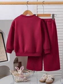 SHEIN 女童休閒純色針織秋季衛衣與寬腿運動褲套裝，冬季，日常 - 酒紅色 - 查看 2