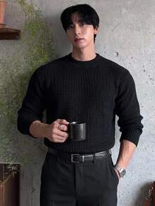 DAZY Sweater Pria Lengan Panjang Ketat Kerah Tinggi Warna Hitam Musim Gugur/Dingin - Hitam - View 3