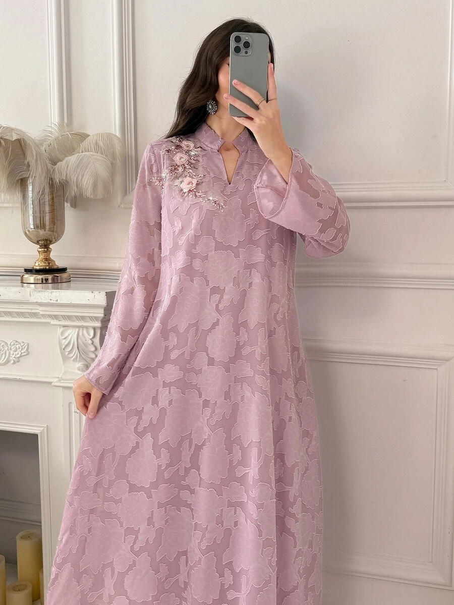 Al Najma Women's Exquisite Cut-Out 3D Floral Decor Sequin Arabian Dress - Brown - View 1