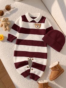 SHEIN Newborn Baby Boy & Girl Autumn/Winter Cute Colorblock Cartoon Pattern Polo Collar Long Sleeve Romper Bodysuit Striped Sweater Romper Infant Sweater Romper - Multicolor - View 6