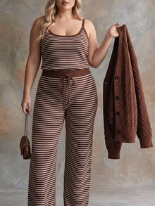 Linhara Autumn/Winter Plus Size 3 Pieces Knit Set For Women, Cable Knit Button Cardigan, Striped Camisole Top, High-Waisted Wide Leg Pants, Lazy Style - Black - View 2