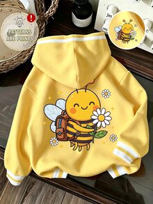 (1 Pc) Baby Girls Fall Winter Cute Bee & Flower Yellow Sweatshirt Hooded Sweatshirt Striped Contrast Color - Multicolor - View 5