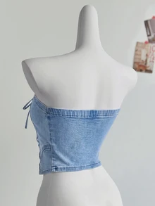 SHEIN Women's Denim Lace-Up Tube Top - Blue - View 2
