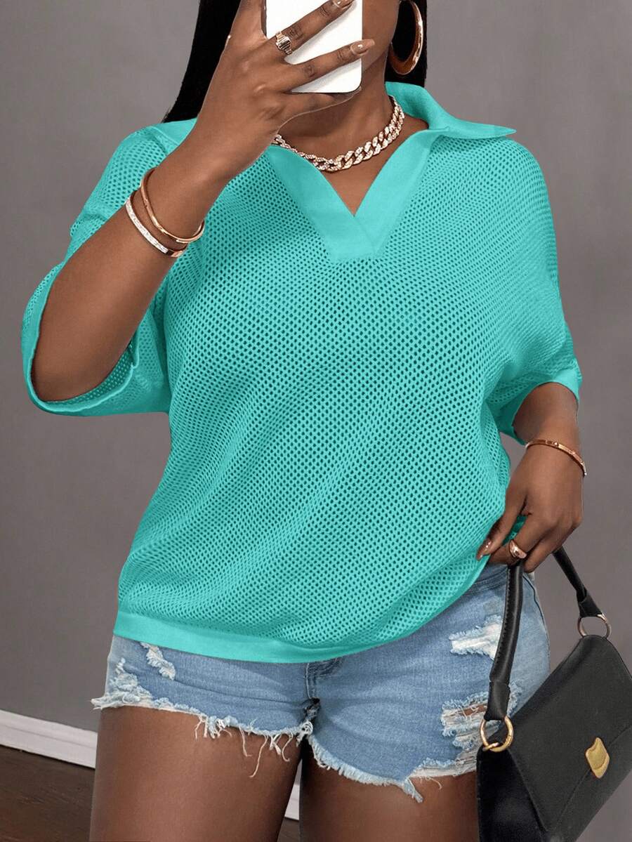 Slaydiva Plus Size Women Solid Color Collared Drop Shoulder Casual Knit Top - Baby Blue - View 1