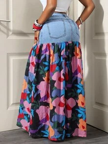 Slaydiva Women's Street Style Button Floral Print Patchwork Denim Skirt - Blue - View 2