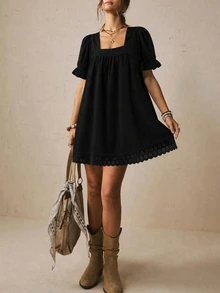 Freevana Women's Vintage Casual Romantic Bohemian Dress - Black - View 4