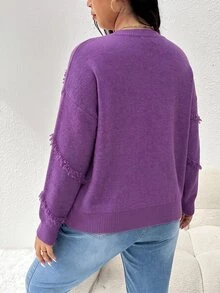 CosyJoli Women's Plus Size Round Neck Side Frayed Design Loose Casual Comfortable Pullover Sweater - Purple - View 10