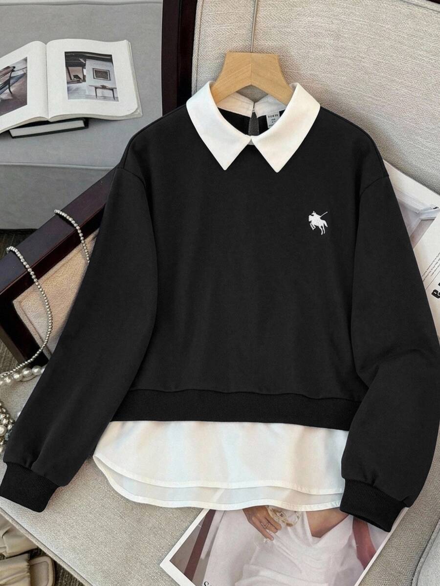 SHEIN 青少年女孩襯衫領刺繡小馬圖案秋冬衛衣 2合1拼接款 - 黑色 - 查看 1