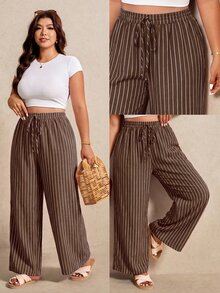 Elaquor Plus Size Women's Striped Casual Daily Wear Long Pants - Coffee Brown - View 1