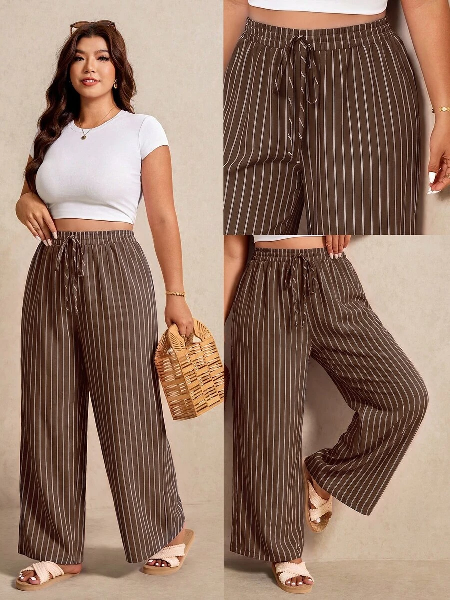 Elaquor Plus Size Women's Striped Casual Daily Wear Long Pants - Coffee Brown - View 1