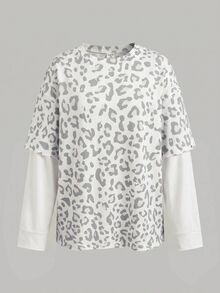 SHEIN 青少年女孩春秋冬新款 2合1 黑色拼接條紋圓領寬鬆長袖T恤 返校季休閒街頭風 - 彩色 - 查看 6