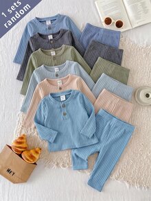(6 Sets Randomly Sent 1 Set) Newborn Sets Multicolor Soft Baby Boy Long Sleeve Fall Autumn/Winter Top & Waist Pants - Pink - View 5