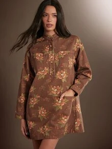 WESTFADE High Neck Button Front Long Sleeve Floral Print Denim Mini Dress, Fall Winter 2026 Western Style, Cowgirl Clothing, Rodeo, Female Country Look, Autumn - Multicolor - View 4