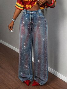 Slaydiva Plus Size Street Style Button Pocket Rhinestone Denim Jeans Teacher Outfits For Women - Medium Wash - View 5