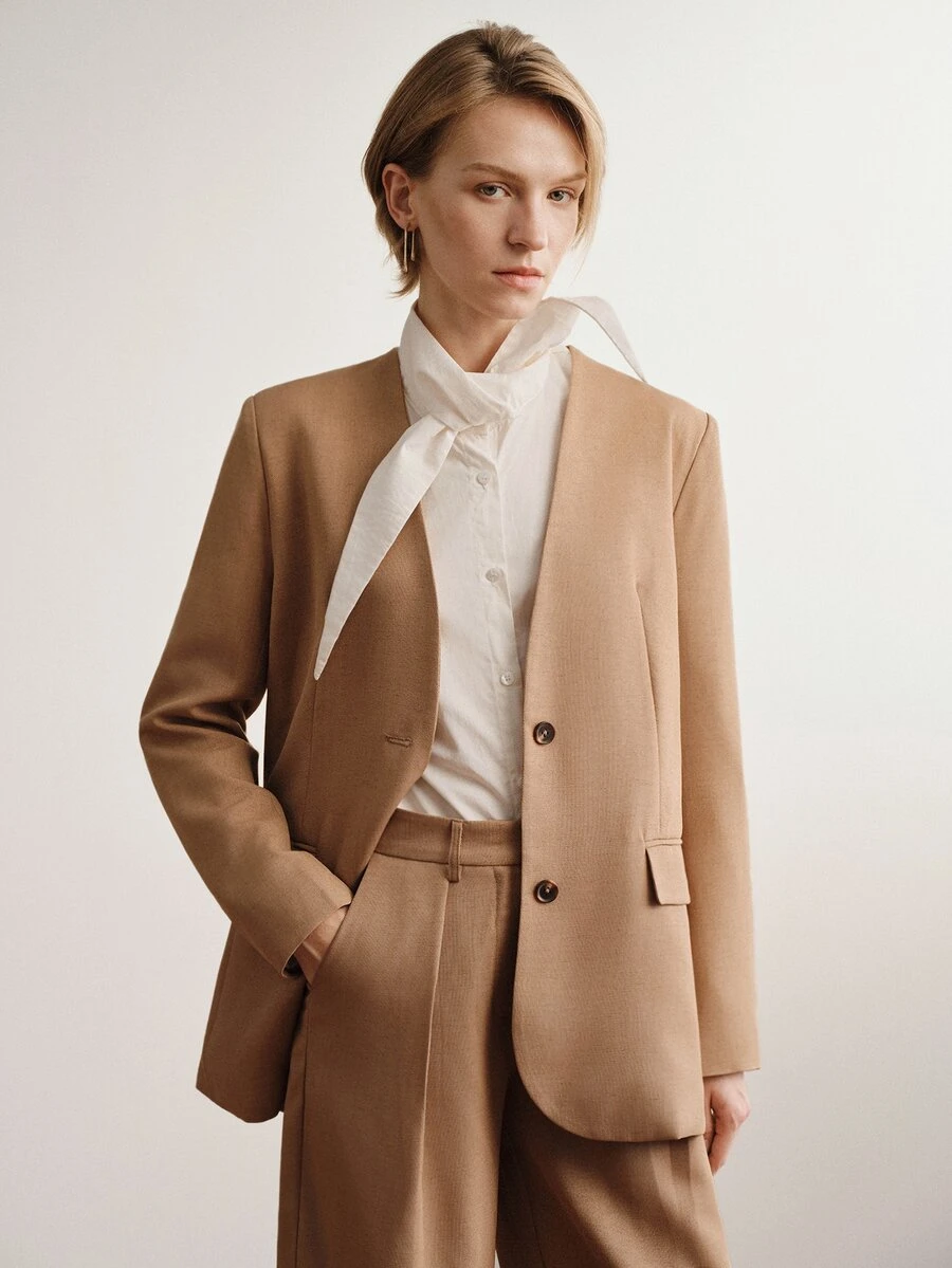 Briarwyn Women Minimalist Linen Blazer & Bermuda Shorts 2 Pieces Set, V Neck Two Button Oversized Suit Matching Outfit - Brown - View 1