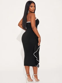 Poshavie Poshavie Plus Size Women Elegant High-End Colorblock Dress, Ruched Ruffle Strapless Dress, Suitable For Party, Ball, Shopping, Dating - Black - View 2