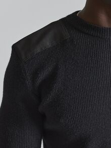 Musero Slim Fit Military Ribbed Knit Jumper With Contrast Applique Shoulder Patches Autum Winter Essentials - Black - View 6