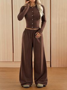 SHEIN EZwear Women's Solid Color Pleated Long Sleeve Top And Pants Casual Daily Set Going Out Dark Brown Winter - Coffee Brown - View 3