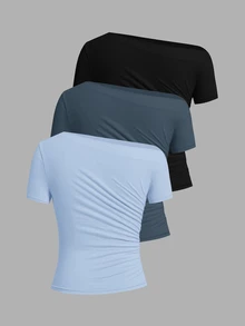 SHEIN Clasi 女款純色不對稱肩短袖修身時尚T恤 - 彩色 - 查看 9