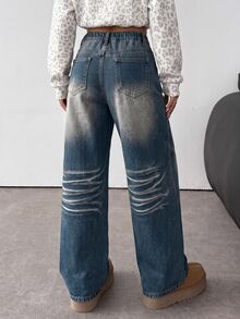 SHEIN Girlism 青少年女孩復古藍色牛仔刷毛內裡寬鬆長褲，秋冬款 - 中等水洗藍 - 查看 5