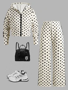 SHEIN 2件組女童大童套裝，連帽拉鍊短夾克配黑白波點飾邊、細肩帶背心上衣、寬腿長褲，80年代運動校園風 - 杏色 - 查看 6
