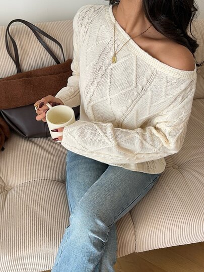 Dulcita Women's Autumn/Winter Asymmetrical Shoulder Round Neck 2-Way Wear Cable Knit Long Sleeve Loose Casual Versatile Knit Sweater