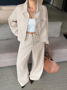 Dazy Plus Spring/Autumn Long Sleeve Striped Cropped Jacket High Waist Loose Casual Commute Street Straight Leg Jeans Set - Beige - View 7