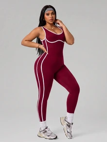 SHEIN Rhythm Era Women's Plus Size Colorblock Trim Sleeveless Fitted Athletic Jumpsuit - Burgundy - View 5