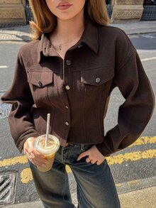 DAZY Women's Deep Brown Wool Blend Short Jacket, Loose Casual Streetwear Commuter Style With Turn-Down Collar And Large Pockets, Autumn/Winter - Brown - View 11