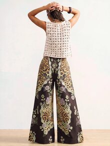 Bohemela Women's High Waist Baggy Wide Leg Floral Leopard Print Patchwork Denim Jeans With Belt Vacation Fall Boho - Multicolor - View 3