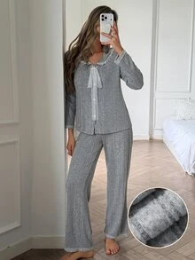 DAZY Women's Lace Patchwork Long Sleeve Top And Pants Casual Daily Home Sleepwear Set - Blue - View 3
