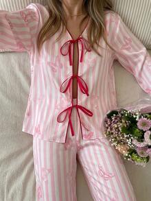 Livesso Women's Striped Front Tie Long Sleeve Top And Pants Pajama Set Fall - Pink - View 4