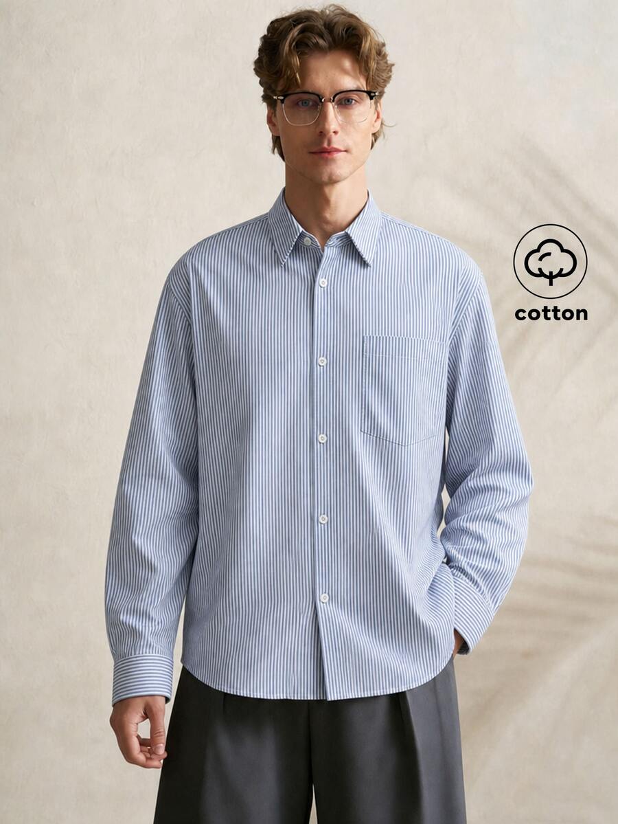 TONEVAULT New Men's Fashion Casual Long Sleeve Shirt, Blue And White Striped Woven Fabric Office Work Fall