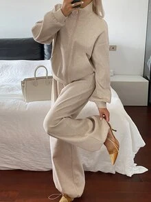 DAZY Women's Velvet-Feel Thick Stand Collar Sweatshirt And Long Pants Casual 2 Pieces Set - Khaki - View 5