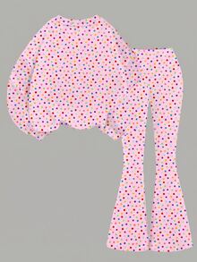 女童小女孩字母卡通印花長袖運動衫與運動長褲休閒日常套裝 - 彩色 - 查看 2