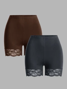 SHEIN Essnce 女款大尺碼 2 件組蕾絲拼接內搭褲 - 彩色 - 查看 1
