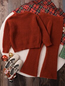 SHEIN Young Girl 2件組紅色秋季仙女風落肩愛心圖案針織長褲 - 酒紅色 - 查看 2