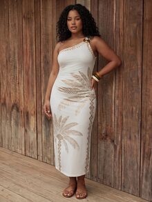 CAJUNI Plus Size Vacation Coconut Tree Print One Shoulder Dress - Multicolor - View 7