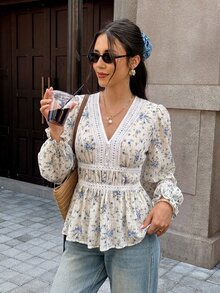 Serisse Women's Floral Contrast Lace V-Neck Long Sleeve Fashion Blouse - Apricot - View 7