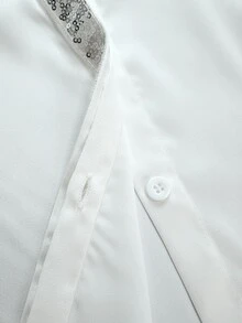 Velvienne New Plus Size Sequin Decorated Lantern Sleeve Daily Collared Women's Blouse - White - View 6