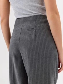 KÆRIA Hus Clean Waist Pleated Wide Leg Pant - Compact Tailoring - Charcoal Pinstripe - Elegant, Luxury, Formal - Dark Grey - View 2