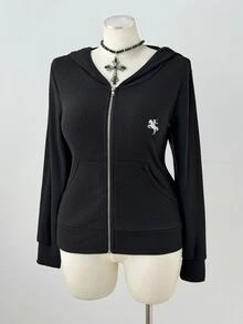 Sunspun Jaket Berkerudung Berresleting Motif Bordir Berkuda Wanita Ukuran Besar untuk Musim Gugur - Coklat - View 7