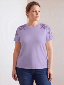 MOTF PREMIUM PLUS SUMMER DELICATE FLORAL EMBROIDERED T-SHIRT - Purple - View 9