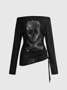 ROMWE Grunge Punk Punk Black Foil Skull Off-Shoulder Adjustable Cinched Waist Women's T-Shirt - Black - View 1