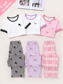 [隨機發貨 1/3 套]女童春夏甜美風居家服，黑/白/粉/紫配色可愛小狗/小馬/蝴蝶結印花針織圓領長袖上衣搭配寬鬆條紋長褲，休閒甜美時尚 2 件套家居睡衣 - 白色 - 查看 3