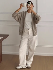 DAZY 女款 2 合 1 軟針織配色亨利領寬鬆上衣毛衣 - 卡其色 - 查看 3