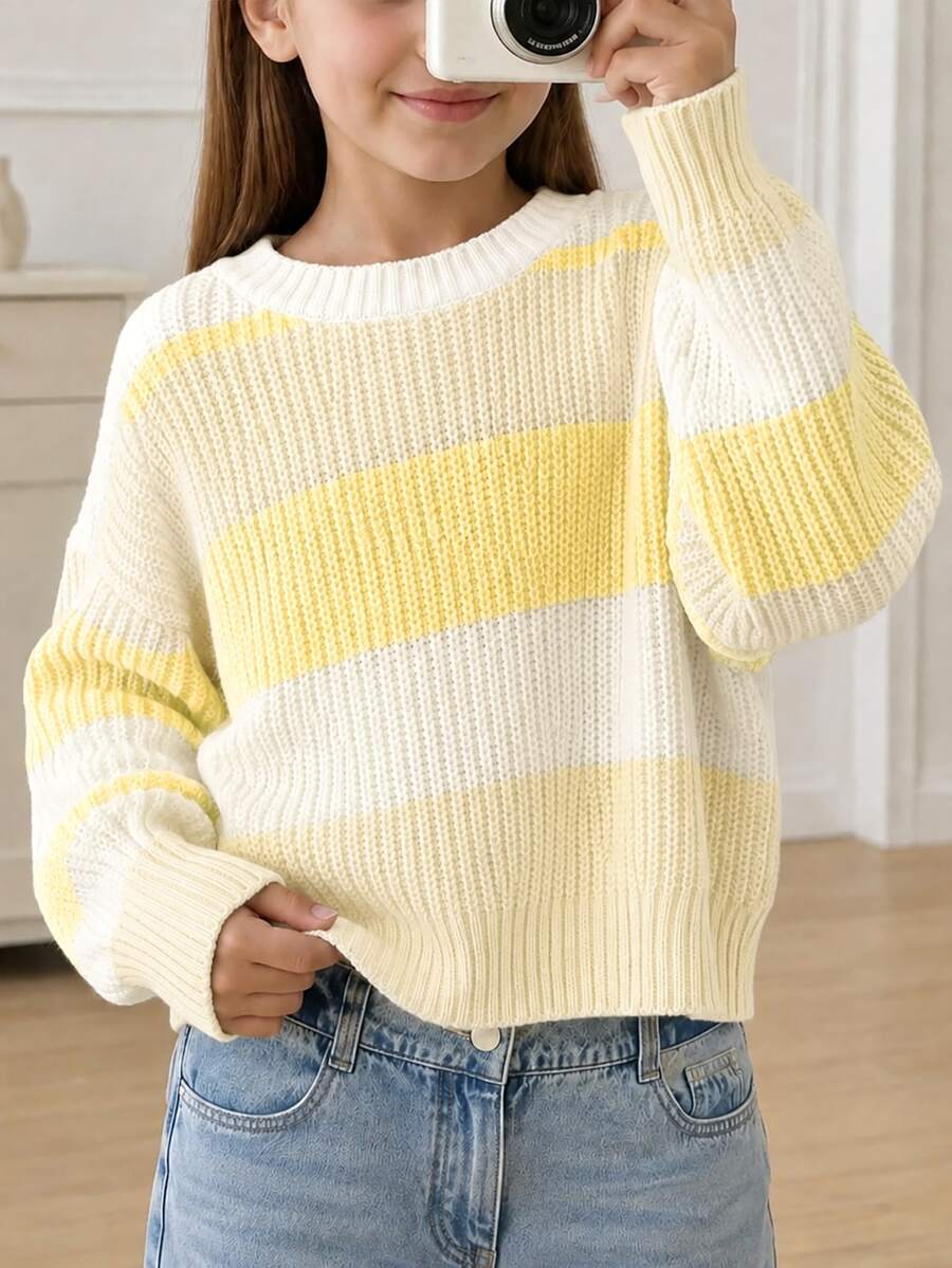 SHEIN 1件青少年女孩套頭毛衣,圓領,簡約經典配色拼接條紋,短版,百搭休閒寬鬆,常規厚度,整齊下擺,緊口袖口,細緻紋理,柔軟親膚,觸感滑順 - 黃色 - 查看 1