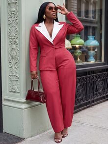 Slaydiva Plus Size Button Asymmetric Hem Long Sleeve Jacket And Striped Pants Suit Set - Red and White - View 5