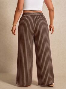Elaquor Plus Size Women's Striped Casual Daily Wear Long Pants - Coffee Brown - View 2