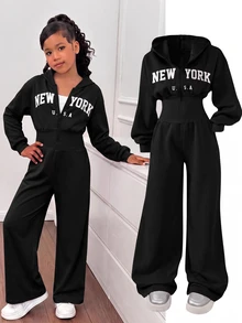 SHEIN 少女時尚極簡純色連帽拉鍊印字字母高腰秋冬連身褲 - 黑色 - 查看 1